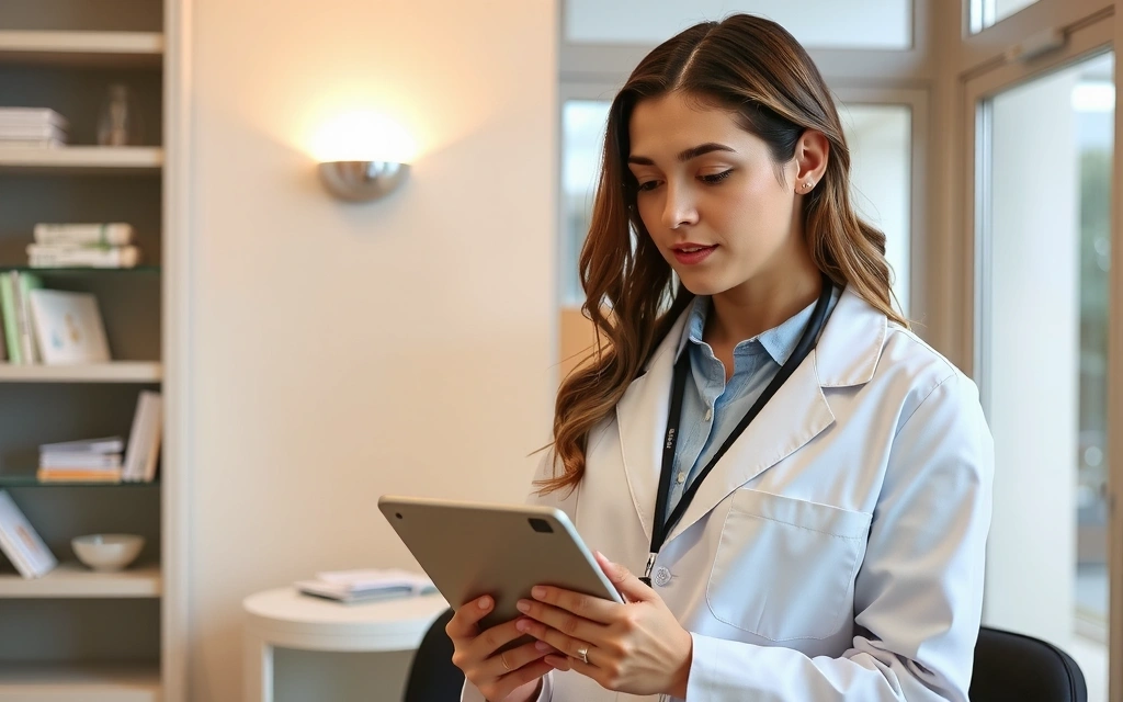 Dottoressa che analizza dati su un tablet con grafici di composizione corporea