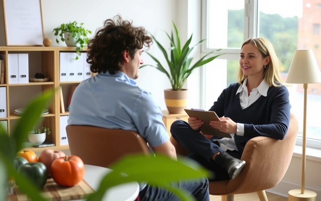 Due persone che parlano in un ambiente accogliente, la nutrizionista ascolta attentamente