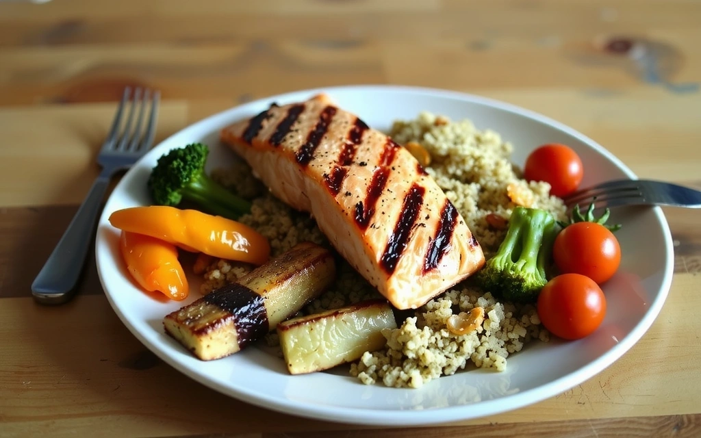 Piatto colorato di cibo sano con verdure, proteine e cereali integrali