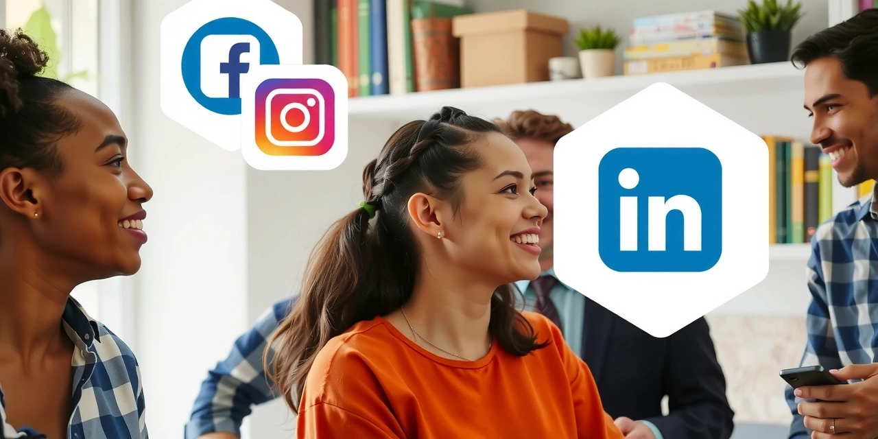 Persone che interagiscono sui social media, con icone di Facebook, Instagram e LinkedIn fluttuanti intorno a loro.