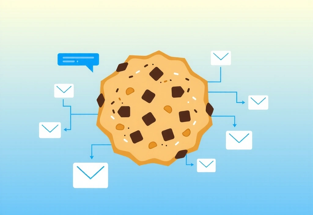 Illustrazione di un biscotto digitale che rappresenta un cookie, con dati che fluiscono intorno, su uno sfondo blu chiaro.