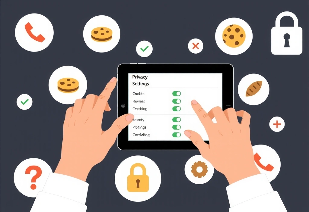 Una persona che gestisce le impostazioni di privacy su un tablet, circondata da icone di cookie e lucchetti.