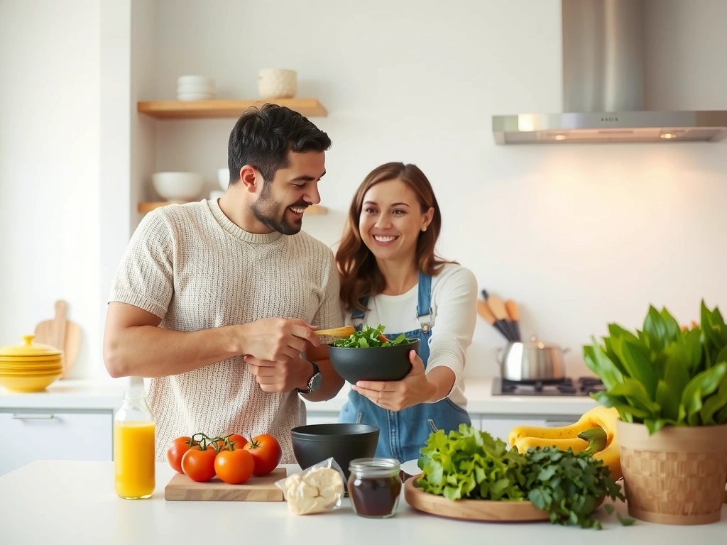 Coppia sorridente che prepara un pasto sano, simboleggiando la nutrizione familiare e il benessere condiviso.