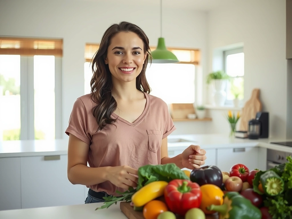 Donna sorridente che prepara un pasto sano, simbolo di benessere e nutrizione equilibrata.