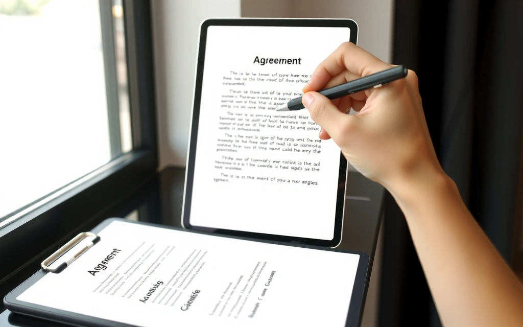 Mano che firma un documento digitale, simbolo di accordo sui termini